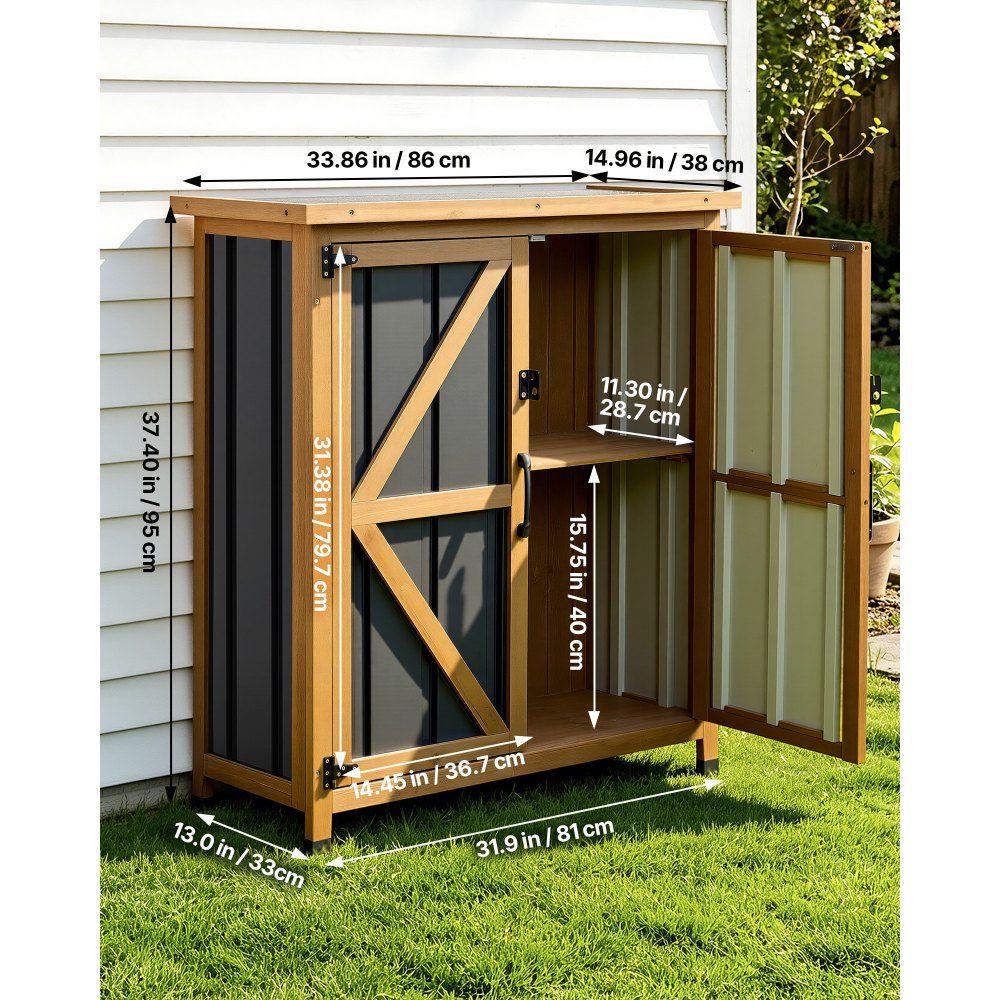VEVOR Outdoor Storage Shed, 33.86" x 37.4" Wood & Metal Garden Tool Shed with Lockable Doors & Sloped Roof, Waterproof Outside Storage Cabinet with Shelf & Floor for Backyard Patio Lawn, Black/Brown