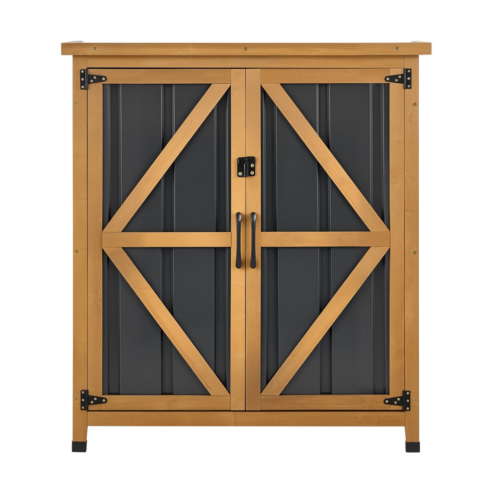 VEVOR Outdoor Storage Shed, 33.86" x 37.4" Wood & Metal Garden Tool Shed with Lockable Doors & Sloped Roof, Waterproof Outside Storage Cabinet with Shelf & Floor for Backyard Patio Lawn, Black/Brown