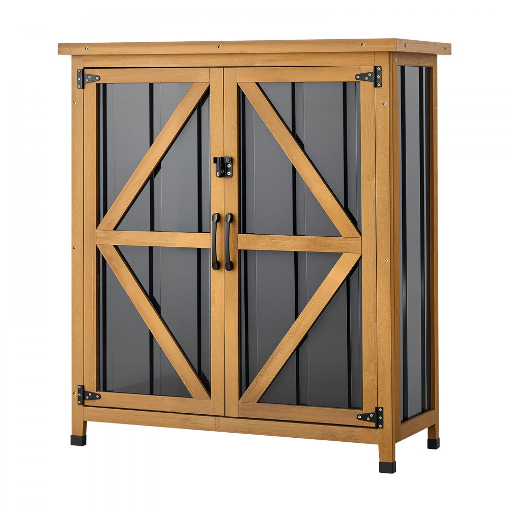 VEVOR Outdoor Storage Shed, 33.86" x 37.4" Wood & Metal Garden Tool Shed with Lockable Doors & Sloped Roof, Waterproof Outside Storage Cabinet with Shelf & Floor for Backyard Patio Lawn, Black/Brown