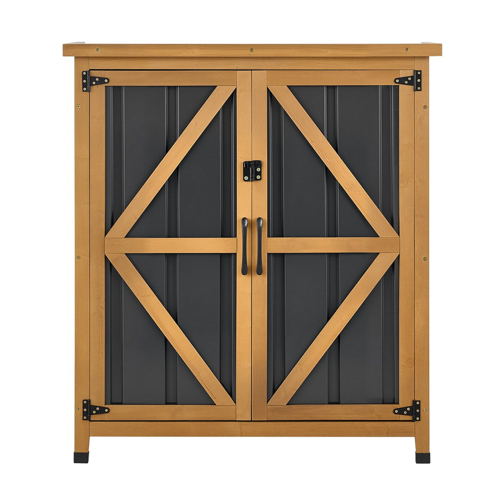 VEVOR Outdoor Storage Shed, 33.86" x 37.4" Wood & Metal Garden Tool Shed with Lockable Doors & Sloped Roof, Waterproof Outside Storage Cabinet with Shelf & Floor for Backyard Patio Lawn, Black/Brown
