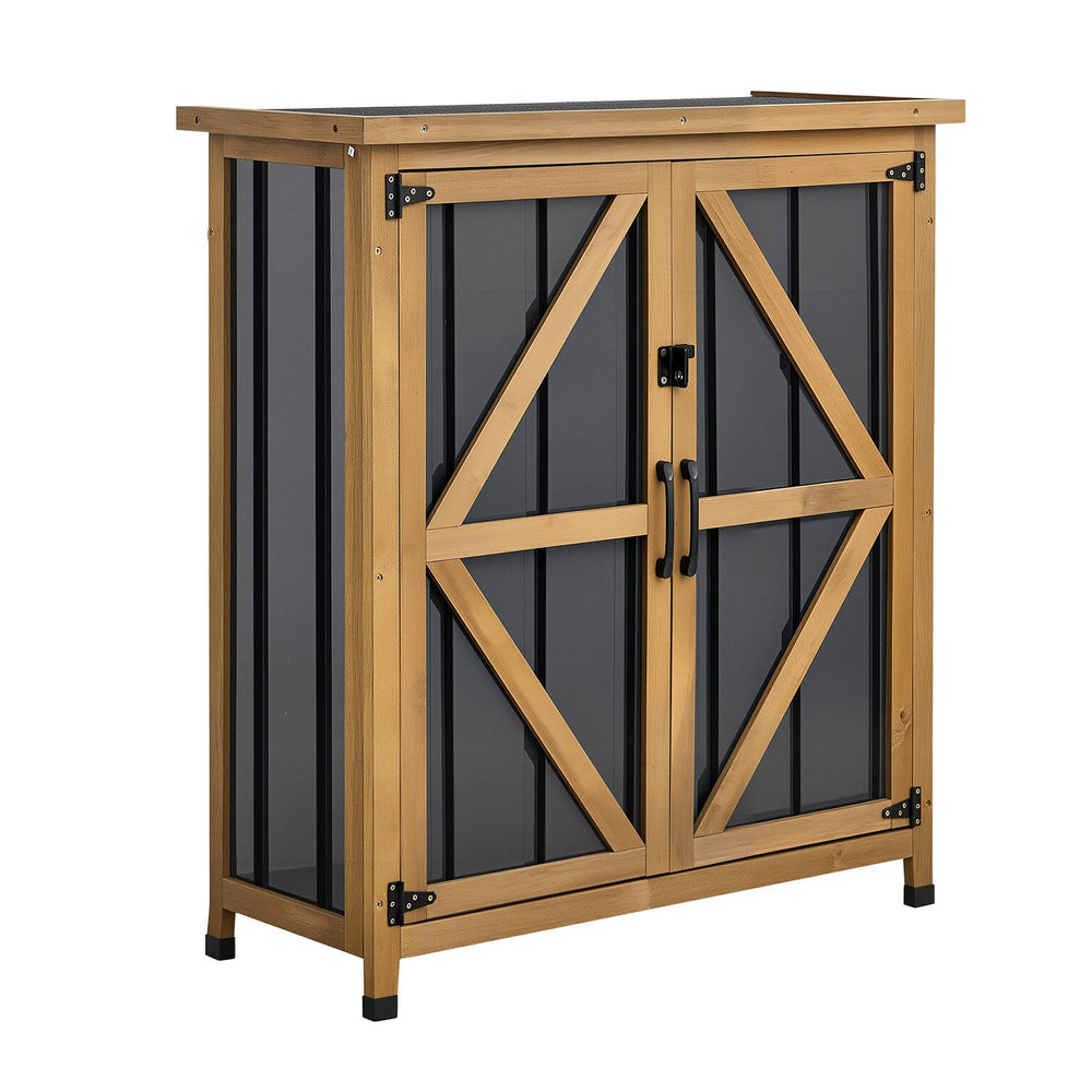 VEVOR Outdoor Storage Shed, 33.86" x 37.4" Wood & Metal Garden Tool Shed with Lockable Doors & Sloped Roof, Waterproof Outside Storage Cabinet with Shelf & Floor for Backyard Patio Lawn, Black/Brown