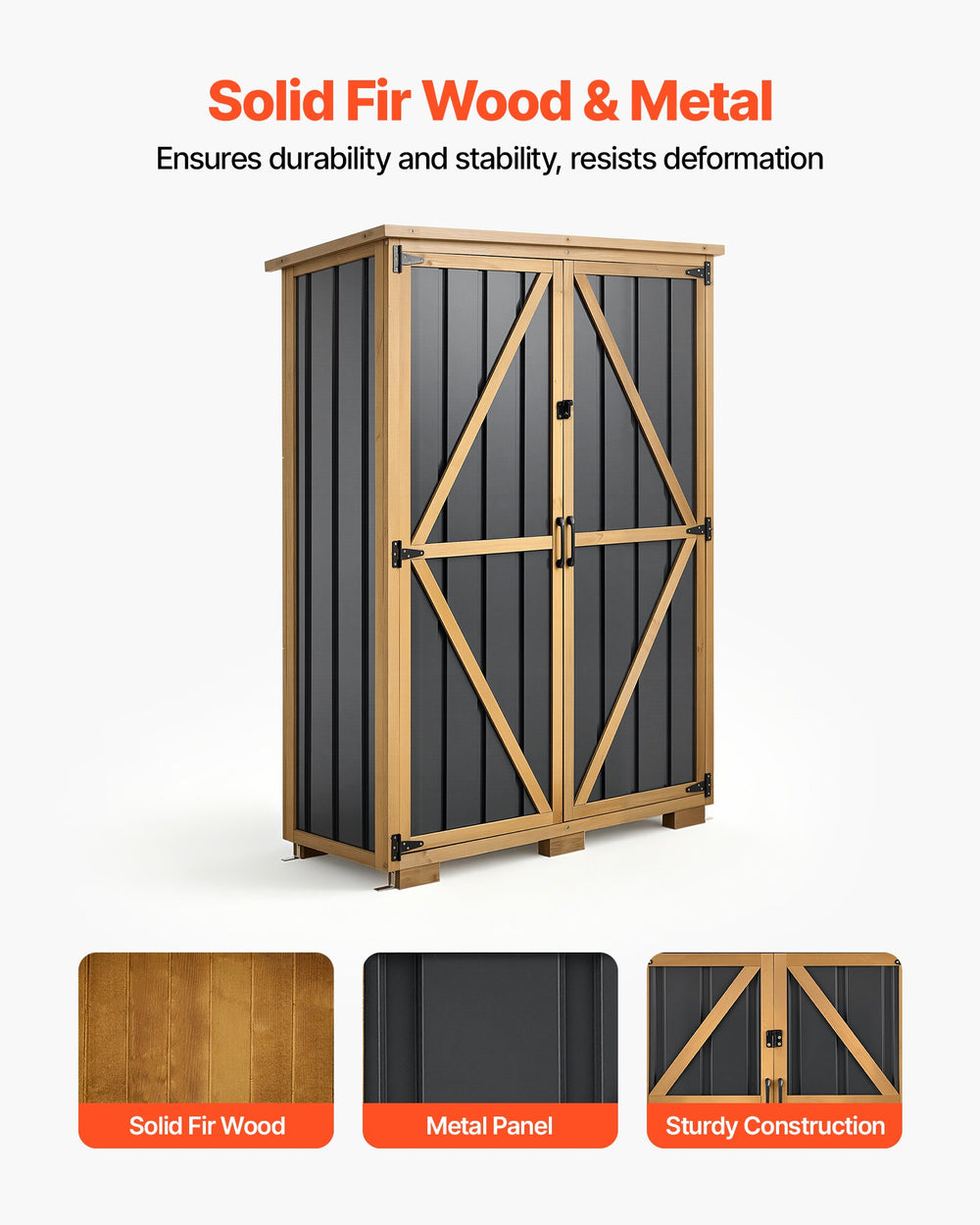 VEVOR Outdoor Storage Shed, 46.06" x 62.99" Wood & Metal Garden Tool Shed with Lockable Doors & Sloped Roof, Waterproof Outside Storage Cabinet with Shelves/Floor for Backyard Patio Lawn, Black/Brown