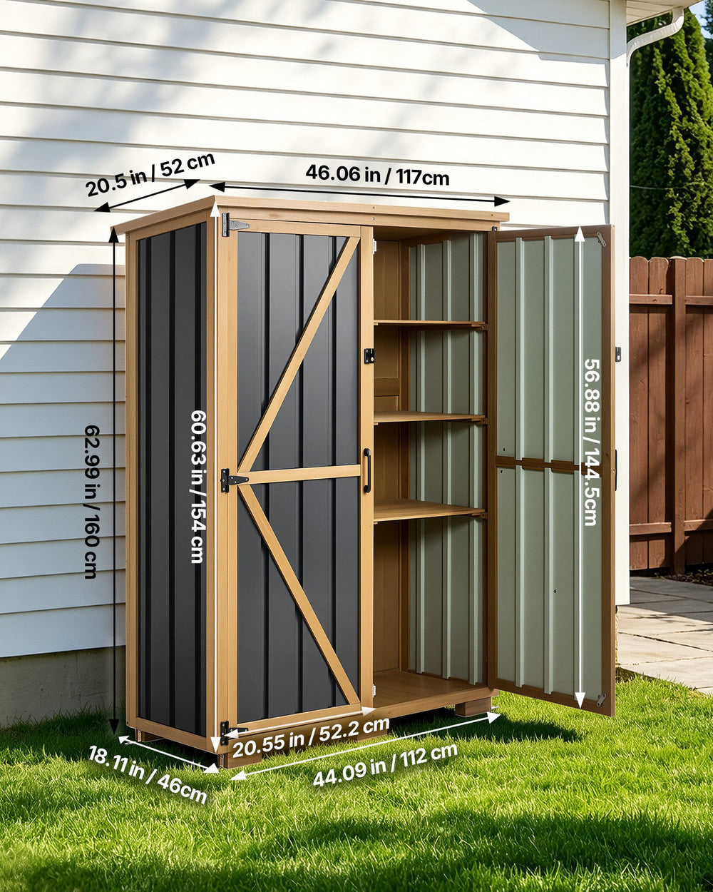 VEVOR Outdoor Storage Shed, 46.06" x 62.99" Wood & Metal Garden Tool Shed with Lockable Doors & Sloped Roof, Waterproof Outside Storage Cabinet with Shelves/Floor for Backyard Patio Lawn, Black/Brown