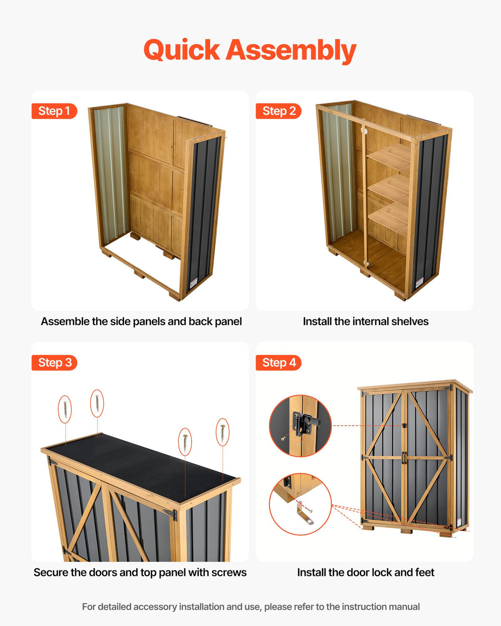 VEVOR Outdoor Storage Shed, 46.06" x 62.99" Wood & Metal Garden Tool Shed with Lockable Doors & Sloped Roof, Waterproof Outside Storage Cabinet with Shelves/Floor for Backyard Patio Lawn, Black/Brown