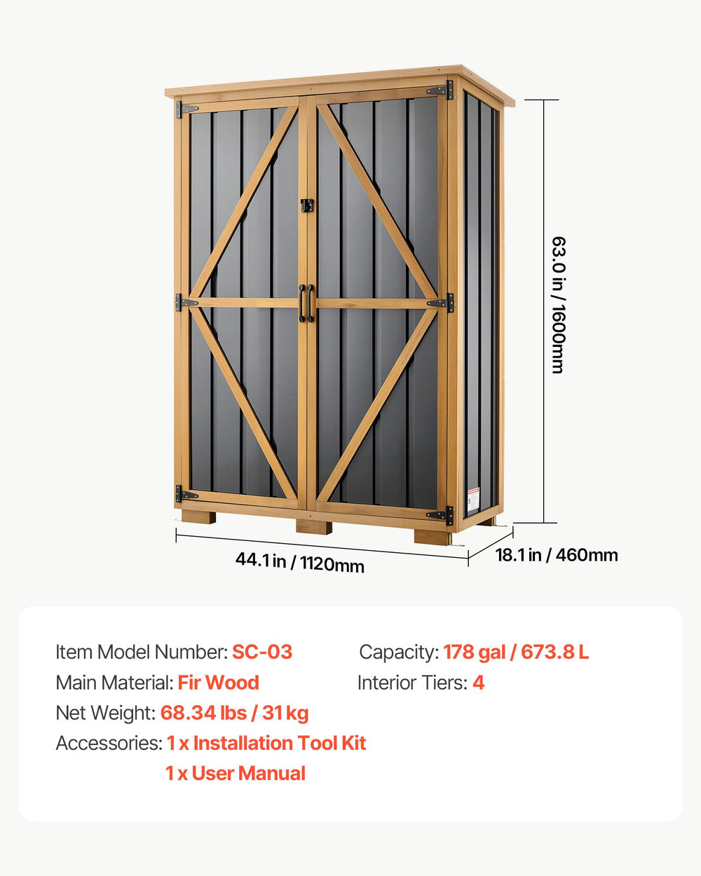 VEVOR Outdoor Storage Shed, 46.06" x 62.99" Wood & Metal Garden Tool Shed with Lockable Doors & Sloped Roof, Waterproof Outside Storage Cabinet with Shelves/Floor for Backyard Patio Lawn, Black/Brown