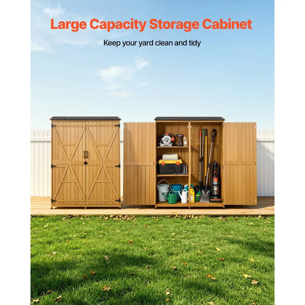 VEVOR Outdoor Storage Shed, 49.41" x 63.98" Wood Garden Tool Shed with Lockable Doors & Sloped Roof, Waterproof Outside Storage Cabinet with Shelves & Floor Included for Backyard Patio Lawn, Brown