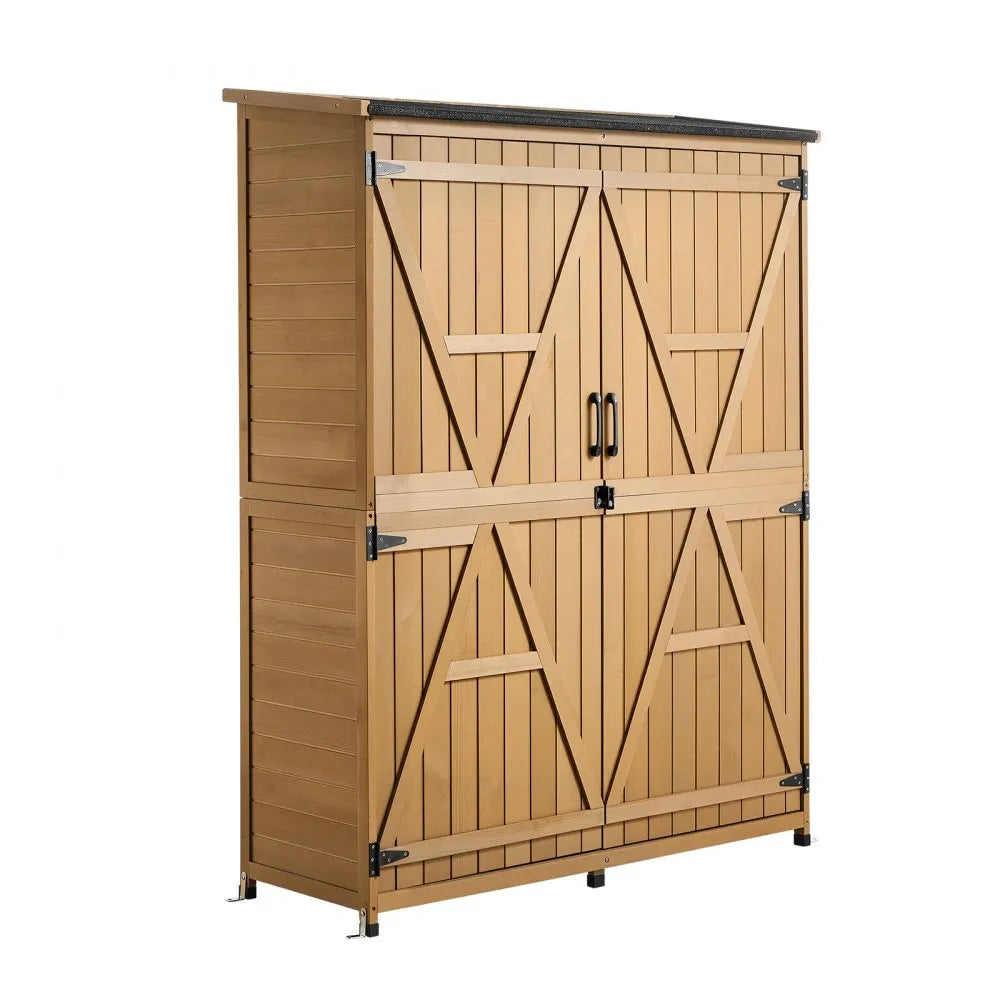 VEVOR Outdoor Storage Shed, 49.41" x 63.98" Wood Garden Tool Shed with Lockable Doors & Sloped Roof, Waterproof Outside Storage Cabinet with Shelves & Floor Included for Backyard Patio Lawn, Brown