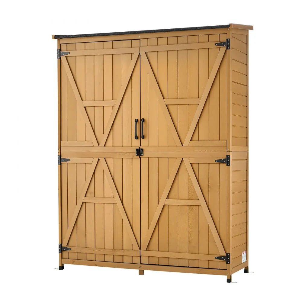VEVOR Outdoor Storage Shed, 49.41" x 63.98" Wood Garden Tool Shed with Lockable Doors & Sloped Roof, Waterproof Outside Storage Cabinet with Shelves & Floor Included for Backyard Patio Lawn, Brown