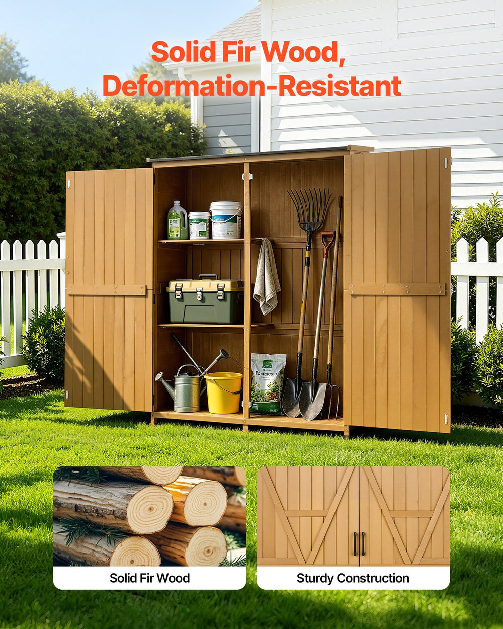 VEVOR Outdoor Storage Shed, 49.41" x 63.98" Wood Garden Tool Shed with Lockable Doors & Sloped Roof, Waterproof Outside Storage Cabinet with Shelves & Floor Included for Backyard Patio Lawn, Brown