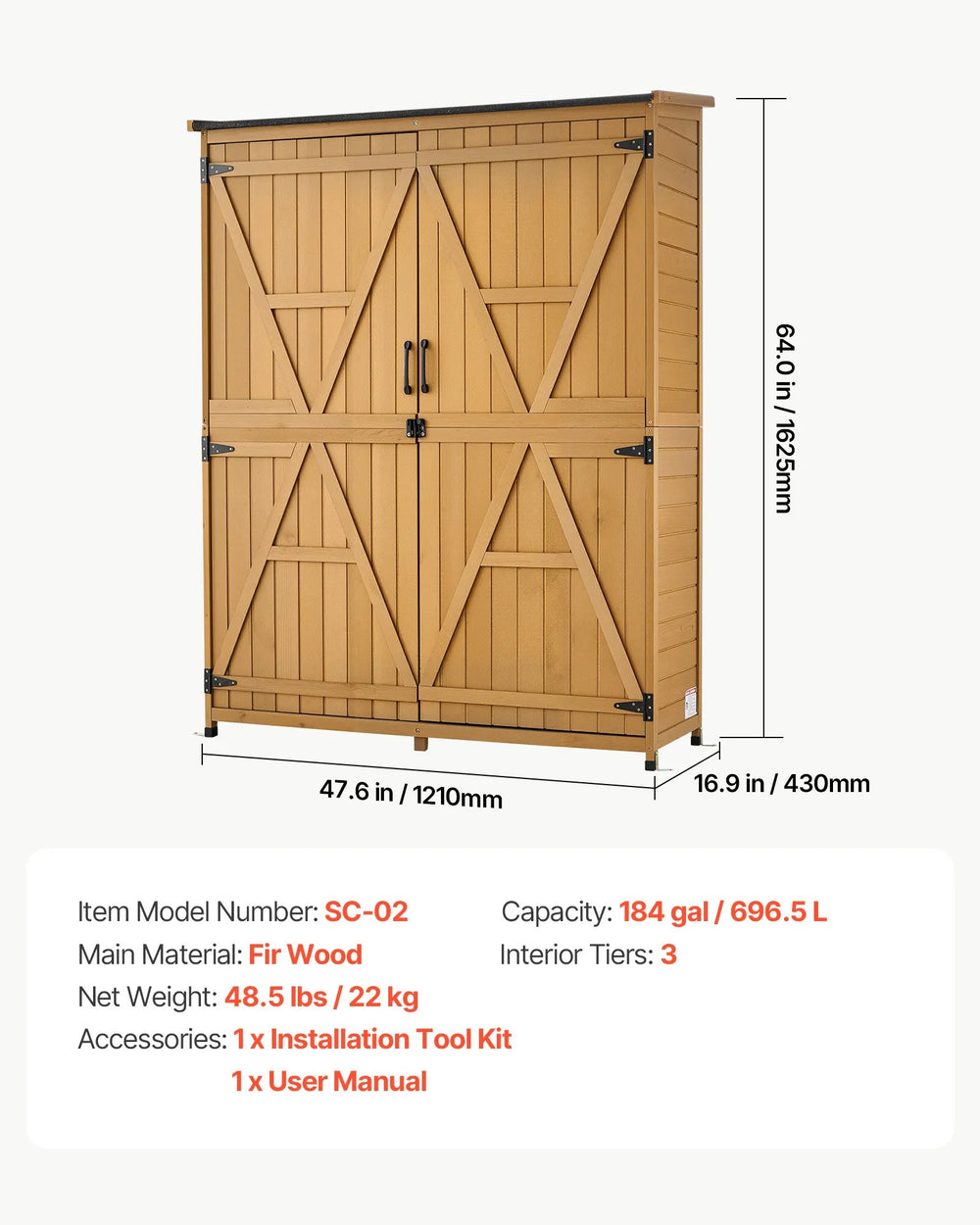 VEVOR Outdoor Storage Shed, 49.41" x 63.98" Wood Garden Tool Shed with Lockable Doors & Sloped Roof, Waterproof Outside Storage Cabinet with Shelves & Floor Included for Backyard Patio Lawn, Brown