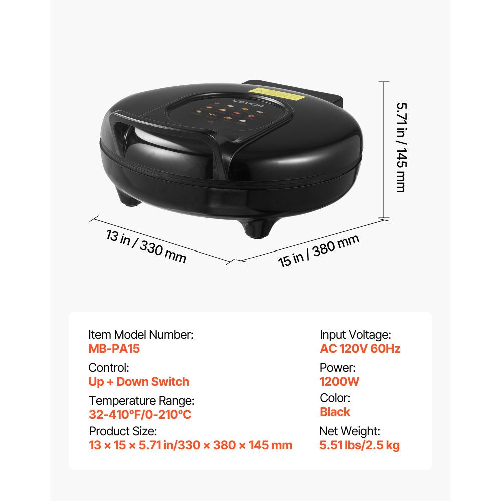 VEVOR Pizza Oven, 12 in Electric Pizza Maker, 1200W Electric Pizzas Cooker with Non-Stick Coating, 180° Open for Dual Side Baking, Heats up to 410 ˚F, Multi-Function Cooking, for Pizzas, Barbecue