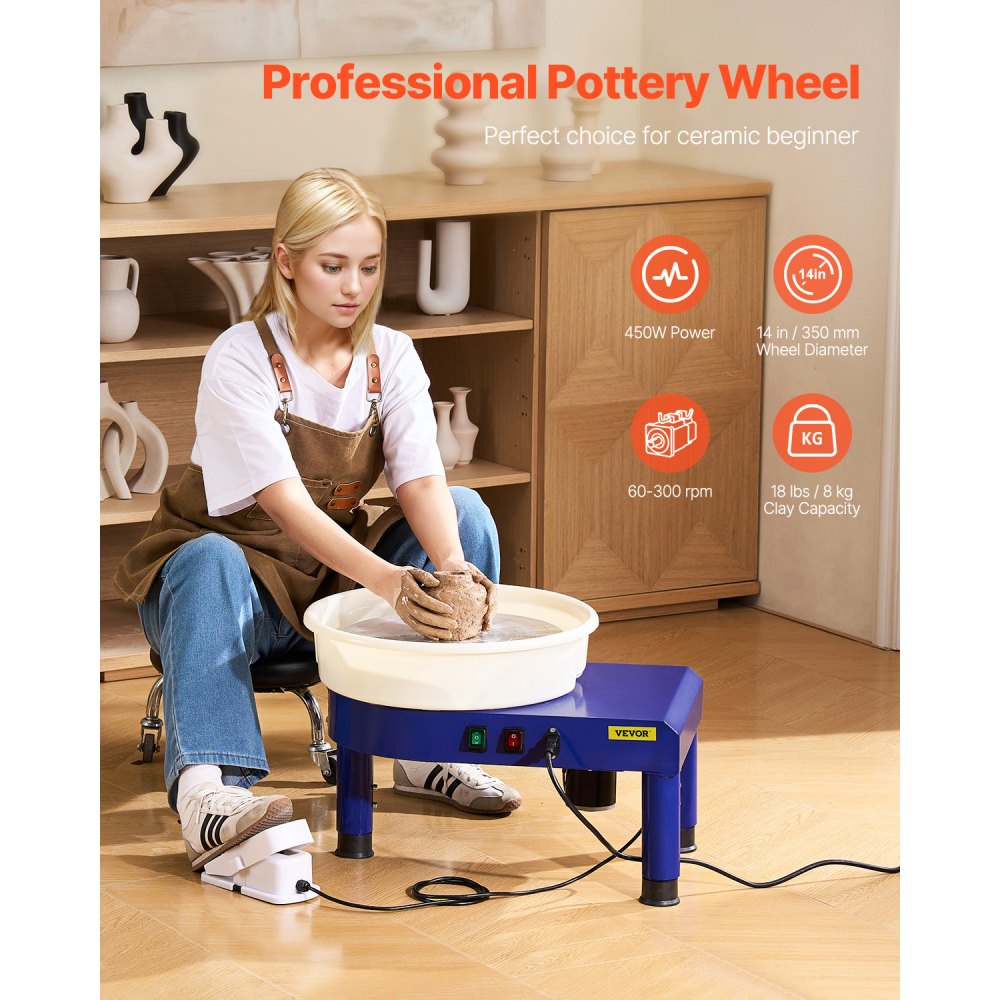 VEVOR Pottery Wheel, 14 in Ceramic Wheel Forming Machine, 60-300 RPM Speed Adjustable Foot Pedal, Adjustable Lift Leg, Detachable Basin, Complete Tool Accessory Kit for Work Art Craft DIY, Blue
