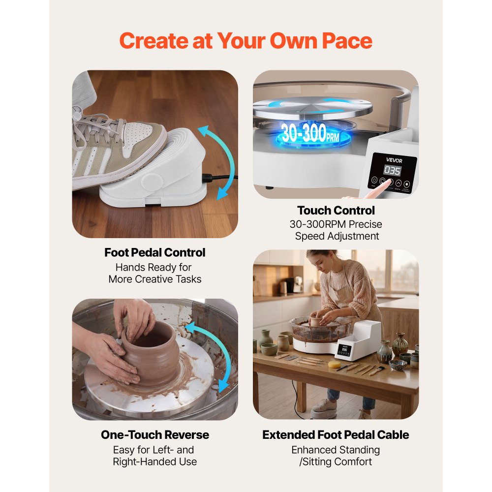 VEVOR Pottery Wheel for Adults, 14" and 11" Turntables, 450W Electric Table Top Pottery Wheel with Foot Pedal, 30-300 RPM Adjustable Speed, Detachable Basin, for Beginners, DIY Clay Art Craft, White