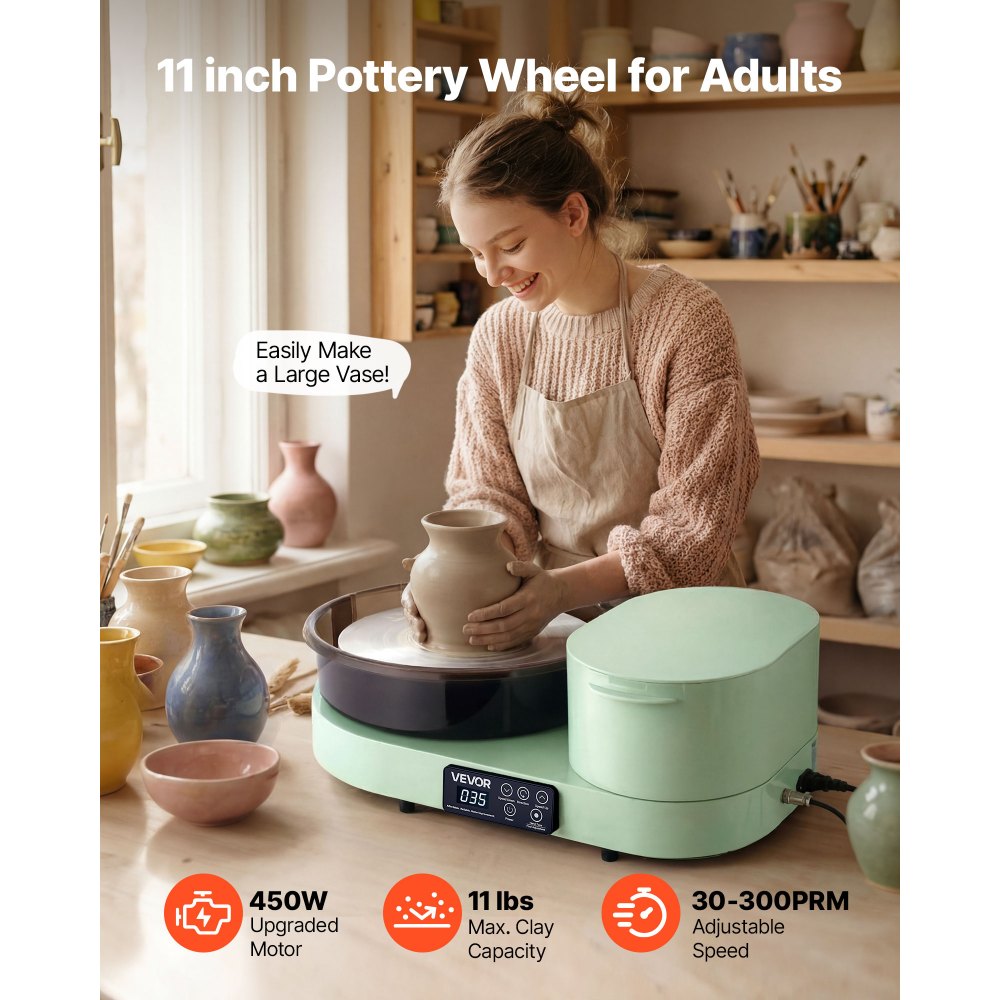 VEVOR Pottery Wheel for Adults, 11" Aluminum Turntable, 450W Electric Table Top Pottery Wheel with Foot Pedal, 30-300 RPM Adjustable Speed, Aluminum Body, for Beginners, DIY Clay Art Craft, Green