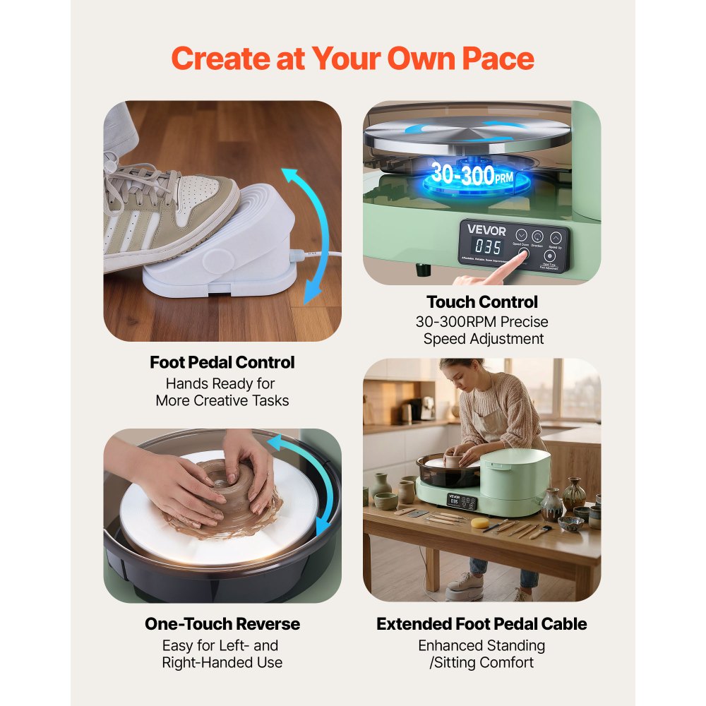 VEVOR Pottery Wheel for Adults, 11" Aluminum Turntable, 450W Electric Table Top Pottery Wheel with Foot Pedal, 30-300 RPM Adjustable Speed, Aluminum Body, for Beginners, DIY Clay Art Craft, Green