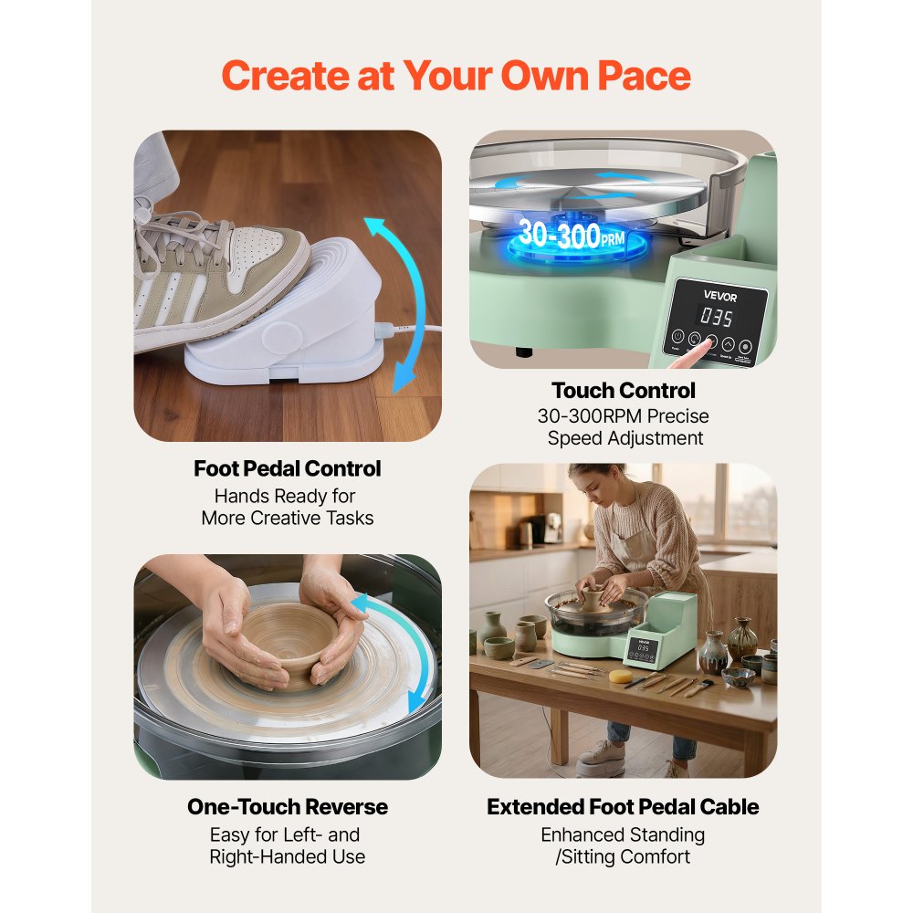 VEVOR Pottery Wheel for Adults, 11" Aluminum Turntable, 450W Electric Table Top Pottery Wheel with Foot Pedal, 30-300 RPM Adjustable Speed, Detachable Basin, for Beginners, DIY Clay Art Craft, Green