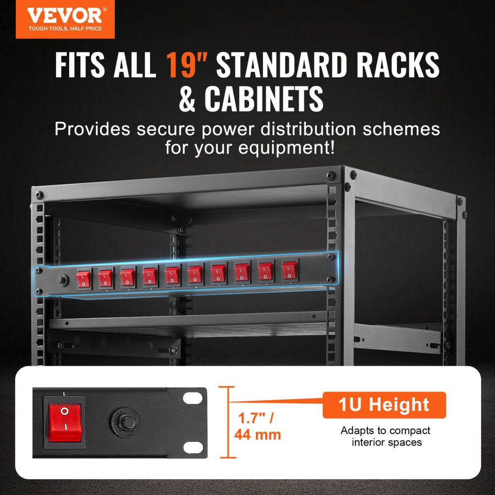 VEVOR 1U PDU, 10 Outlets, Rack Mount Power Strip Fits Standard 19" Server Racks, with Independent Switch Surge Protection & Overload Protection, 110-125V/15A, Ideal for Home and Office
