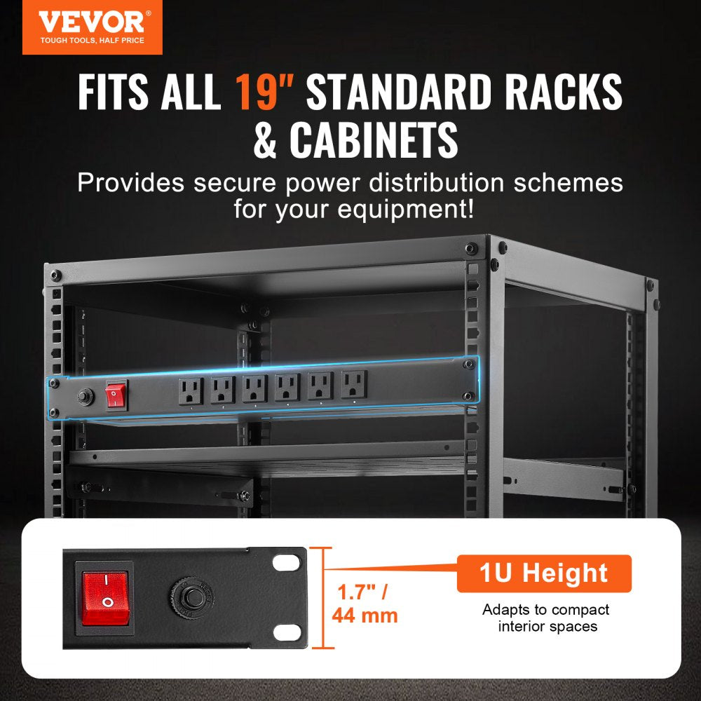 VEVOR 1U PDU, 12 Outlets, Rack Mount Power Strip Fits Standard 19" Server Racks, with Integrated Switch Surge Protection & Overload Protection, 110-125V/15A, Ideal for Home and Office