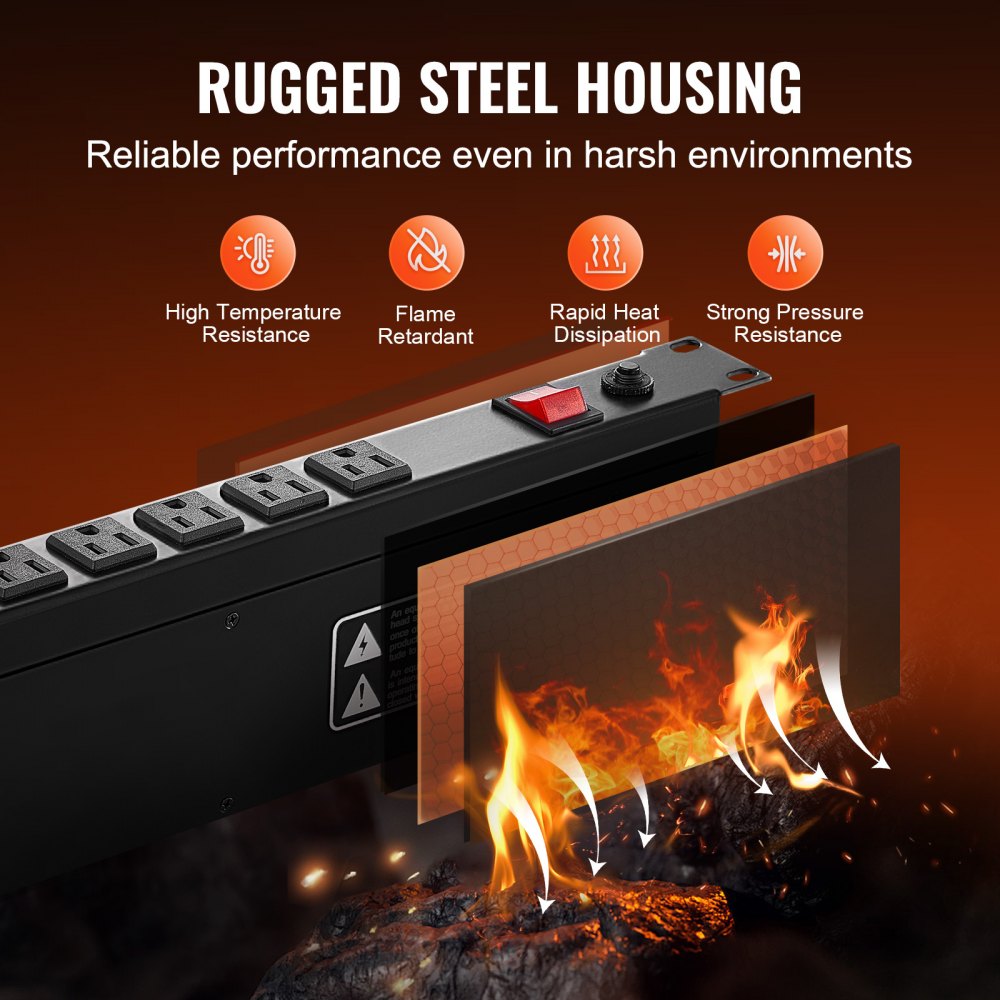 VEVOR 1U PDU, 12 Outlets, Rack Mount Power Strip Fits Standard 19" Server Racks, with Integrated Switch Surge Protection & Overload Protection, 110-125V/15A, Ideal for Home and Office