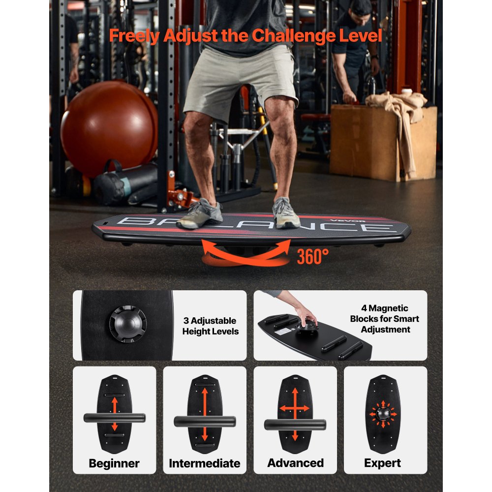 VEVOR Balance Board, 3-Level Height Adjustable Wobble Board Trainer for Adults, Premium Wooden Balance Training Equipment, with Roller, Magnetic Stoppers, Storage Rack, for Core Workouts, Surf Trainer