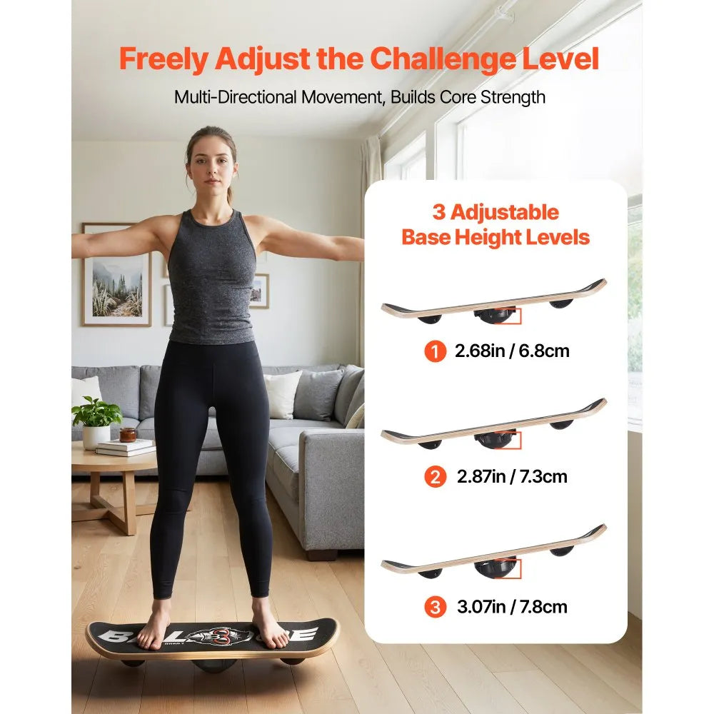 VEVOR Balance Board, Wobble Board Trainer for Adults 3-Level Adjustable Base, Premium Wooden Balance Training Equipment, Slip-Resistant Surface for Core Workout, Standing Desk Exercise, Home Gym, Yoga