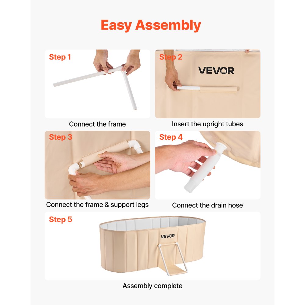 VEVOR Portable Foldable Bathtub 59.1"x23.6"x19.7" Soaking for Adults Beige, for Bathroom Shower Stall, 5-Layer Insulation, Space Saving, Family Hot SPA Ice Bath Tub with 2 Drain Ports, Indoor Outdoor