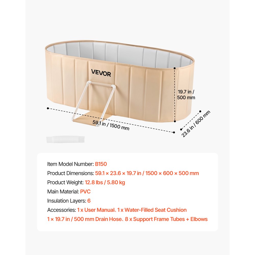 VEVOR Portable Foldable Bathtub 59.1"x23.6"x19.7" Soaking for Adults Beige, for Bathroom Shower Stall, 5-Layer Insulation, Space Saving, Family Hot SPA Ice Bath Tub with 2 Drain Ports, Indoor Outdoor