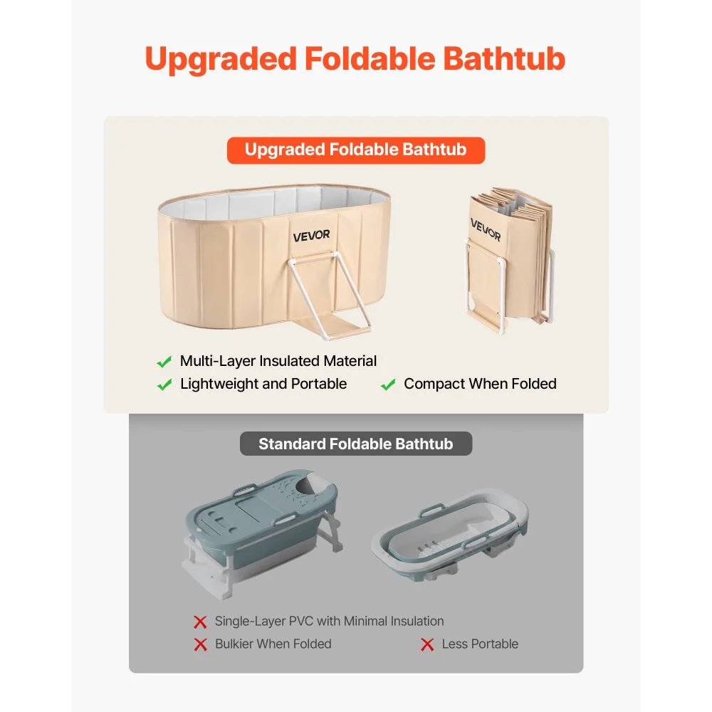 VEVOR Portable Foldable Bathtub 47.2"x23.6"x19.7" Soaking for Adults Beige, for Bathroom Shower Stall, 5-Layer Insulation, Space Saving, Family Hot SPA Ice Bath Tub with 2 Drain Ports, Indoor Outdoor