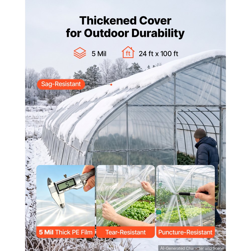 VEVOR Greenhouse Plastic Sheeting 24 x 100 ft 5 Mil Clear Polyethylene Film, for Farms Agriculture Garden Outdoor Plant, Water Sun Frost Wind Dust Resistant, Heavy Duty Thick Winter Hoop House Cover