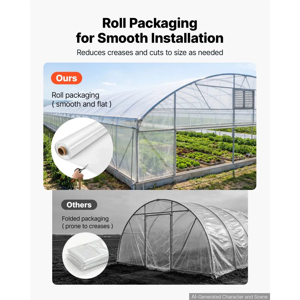 VEVOR Greenhouse Plastic Sheeting 12 x 100 ft 6 Mil Clear Polyethylene Film, for Farms Agriculture Garden Outdoor Plant, Water Sun Frost Wind Dust Resistant, Heavy Duty Thick Winter Hoop House Cover