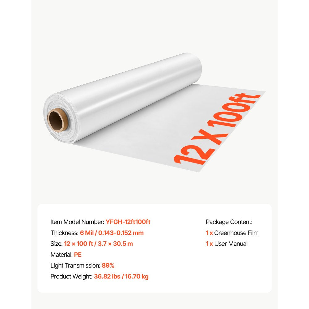 VEVOR Greenhouse Plastic Sheeting 12 x 100 ft 6 Mil Clear Polyethylene Film, for Farms Agriculture Garden Outdoor Plant, Water Sun Frost Wind Dust Resistant, Heavy Duty Thick Winter Hoop House Cover