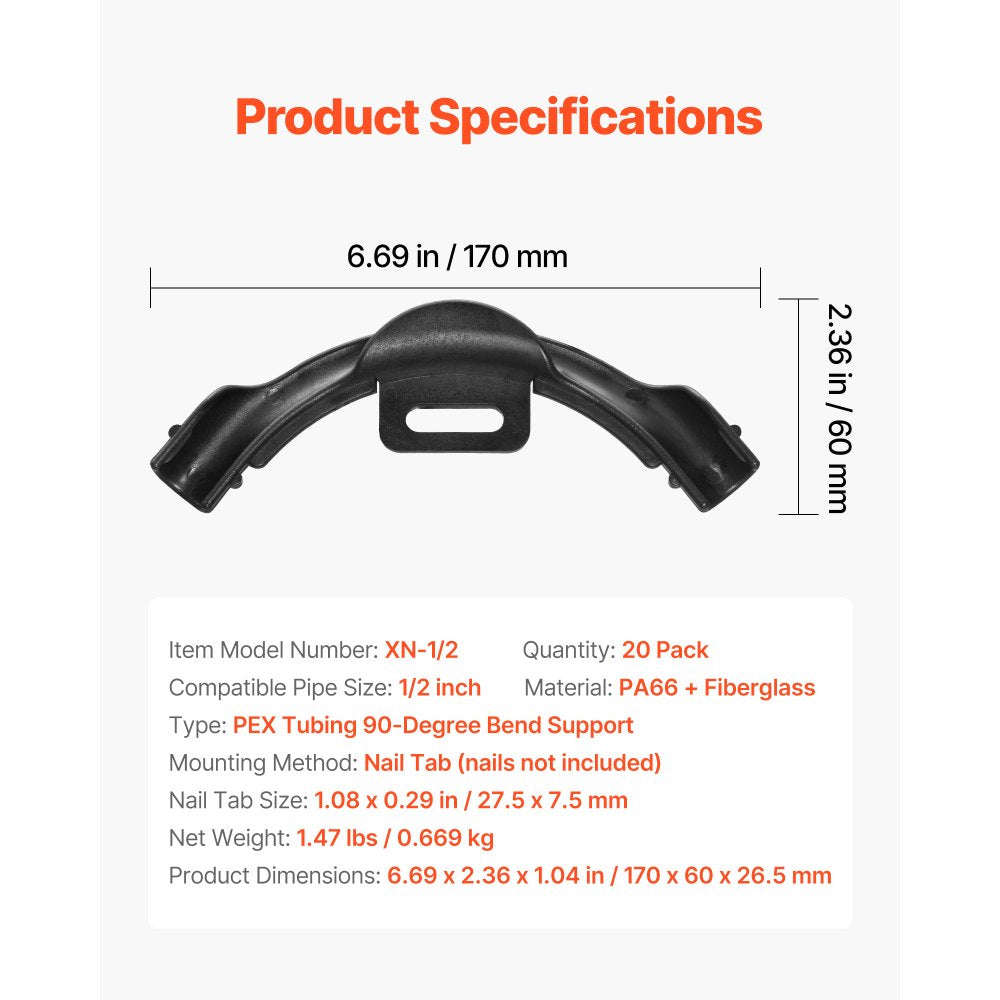 VEVOR PEX Tubing Bend Support, 20 Packs 90-Degree Elbow Bend Support Compatible with 1/2-inch PEX Pipes, Corrosion & Rust Resistant Pex Clamps Pipe Holder with Nail Tab
