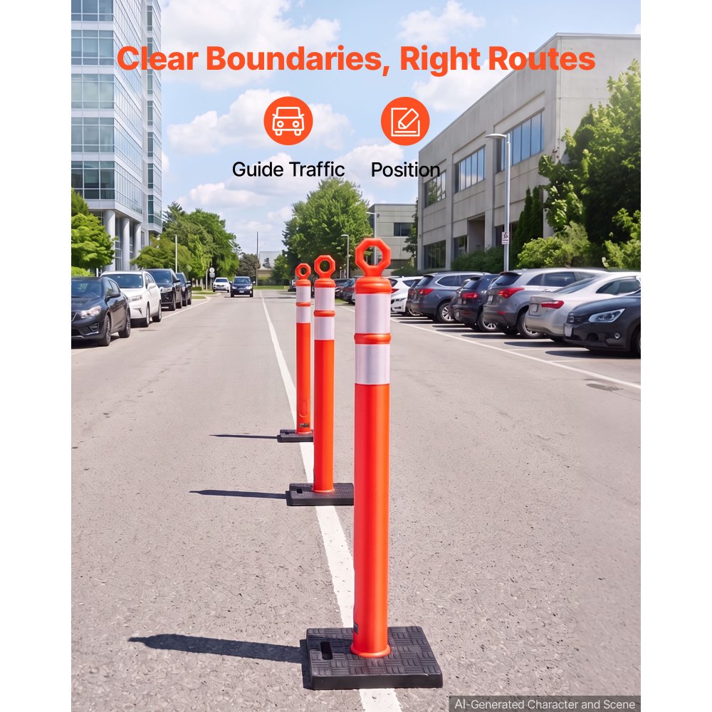 VEVOR Traffic Cones Delineator Posts, 42 Inch 3-Pack Orange Safety Post Cones with 11.8" x 11.8" Weighted Base & Reflective Strips for Parking Lots, Traffic Control, Road Safety, Construction Zones