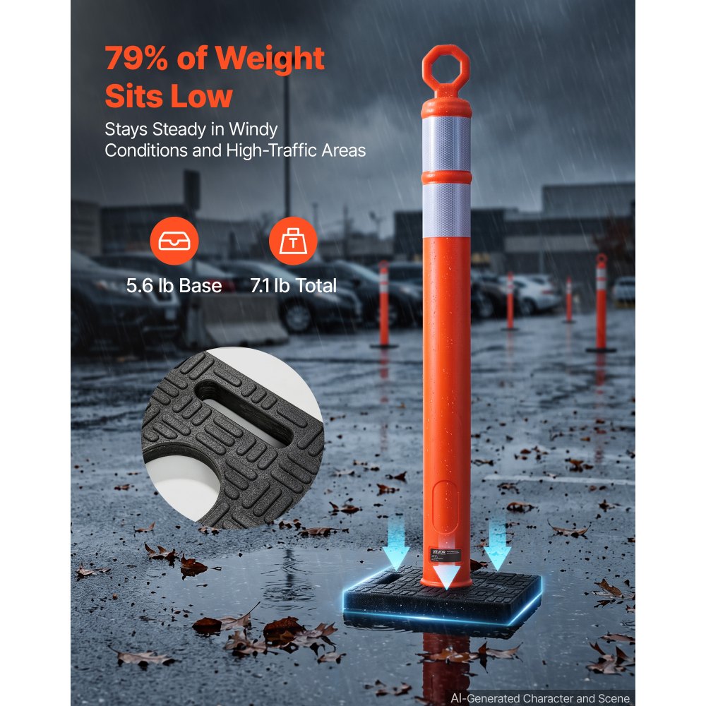VEVOR Traffic Cones Delineator Posts, 42 Inch 9-Pack Orange Safety Post Cones with 11.8" x 11.8" Weighted Base & Reflective Strips for Parking Lots, Traffic Control, Road Safety, Construction Zones