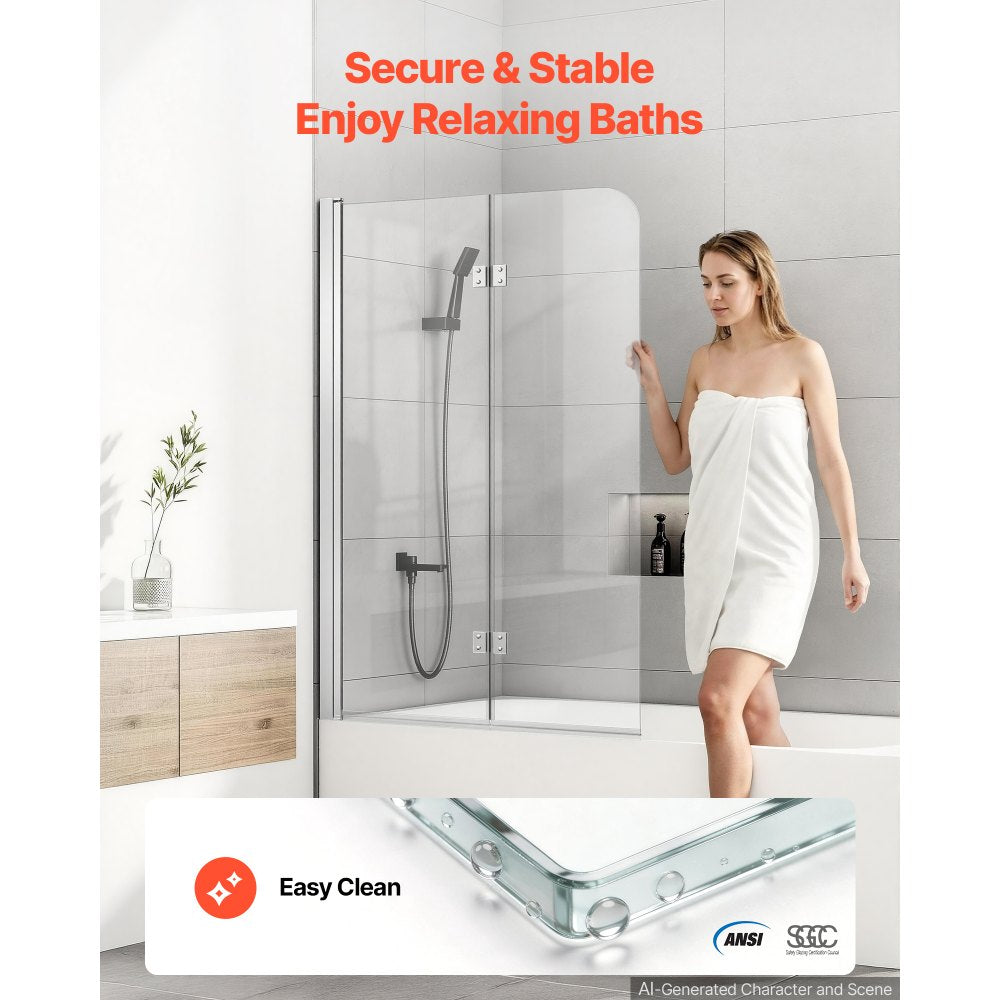 VEVOR Bathtub Shower Door 47" W x 55" H Semi-Frameless Bi-Fold Tub Door, 1/4" Clear Tempered Glass, Easy-Clean Nano Coating, 180° Folding, Adjustable Sealing Strip, for Home Bathroom Tub, Silver