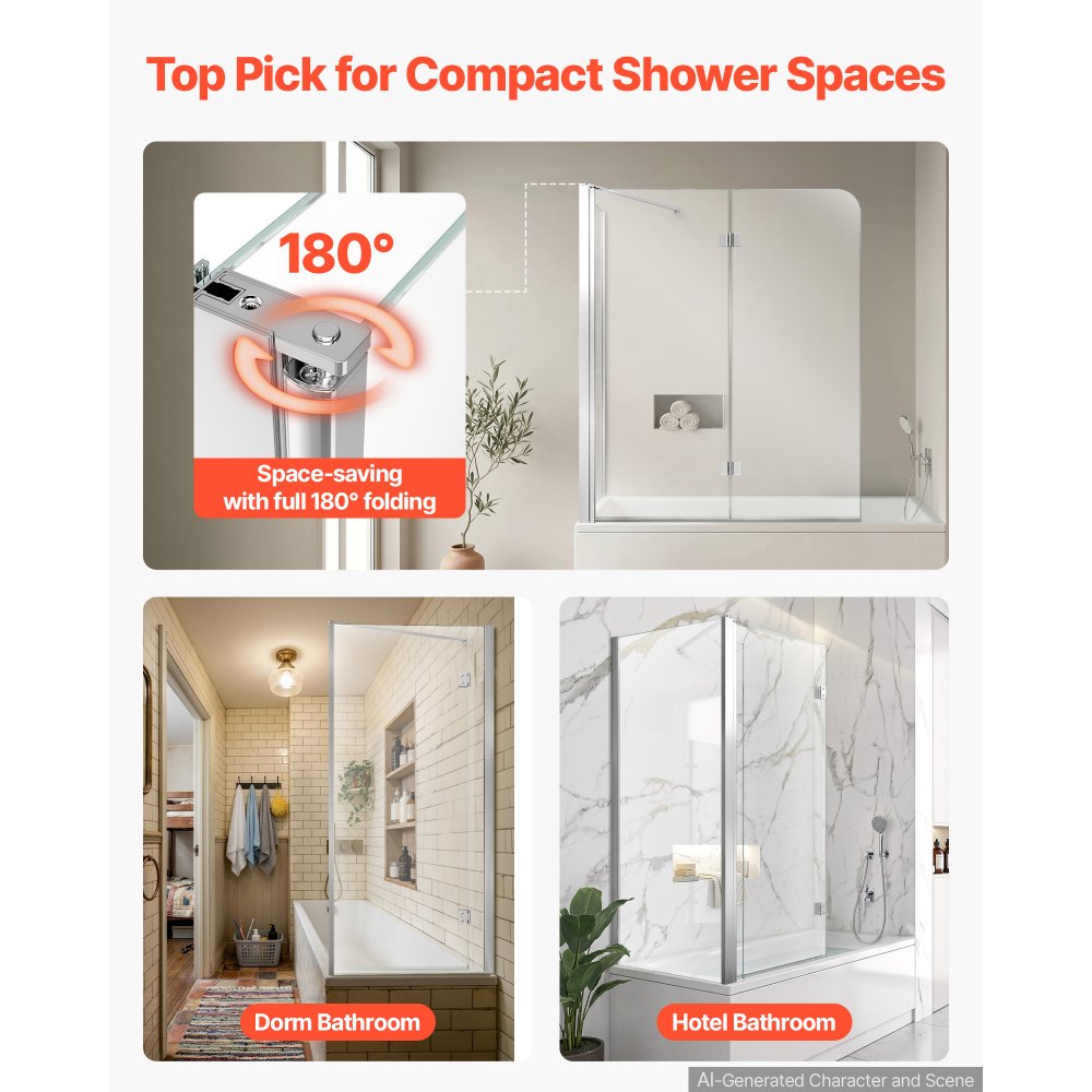 VEVOR Bathtub Shower Door 27.5"/47"W x 55"H Semi-Frameless Bi-Fold Tub Door, 1/4" Clear Tempered Glass, Easy-Clean Nano Coating, 180° Folding, 1 Fixed and 2 Foldable Panels, for Bathroom Tub, Silver