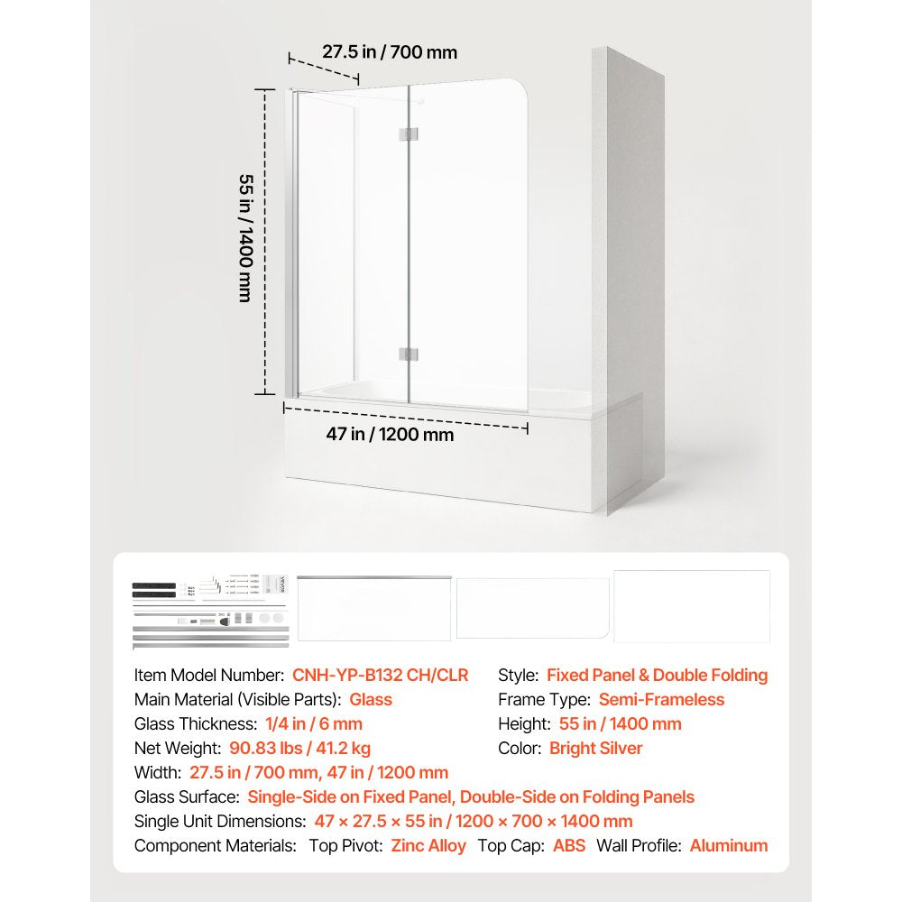 VEVOR Bathtub Shower Door 27.5"/47"W x 55"H Semi-Frameless Bi-Fold Tub Door, 1/4" Clear Tempered Glass, Easy-Clean Nano Coating, 180° Folding, 1 Fixed and 2 Foldable Panels, for Bathroom Tub, Silver