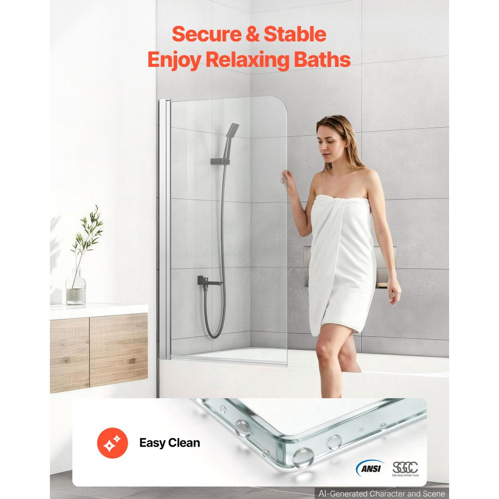 VEVOR Bathtub Shower Door 27.5" W x 55" H Frameless Pivot Tub Door, 1/4" Clear Tempered Glass, Easy-Clean Nano Coating, 180° Folding, Adjustable Sealing Strip, for Home Bathroom Tub, Silver
