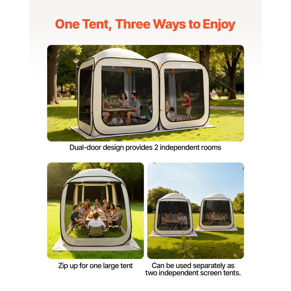 VEVOR Screen House Tent, 12 x 6 ft, 2 in 1 Pop Up Screen Tent, Portable Screened in Canopy with Carry Bag, Netting Sides, Ground Stakes, for Garden, Patio, Backyard, and Outdoor Activities, Beige