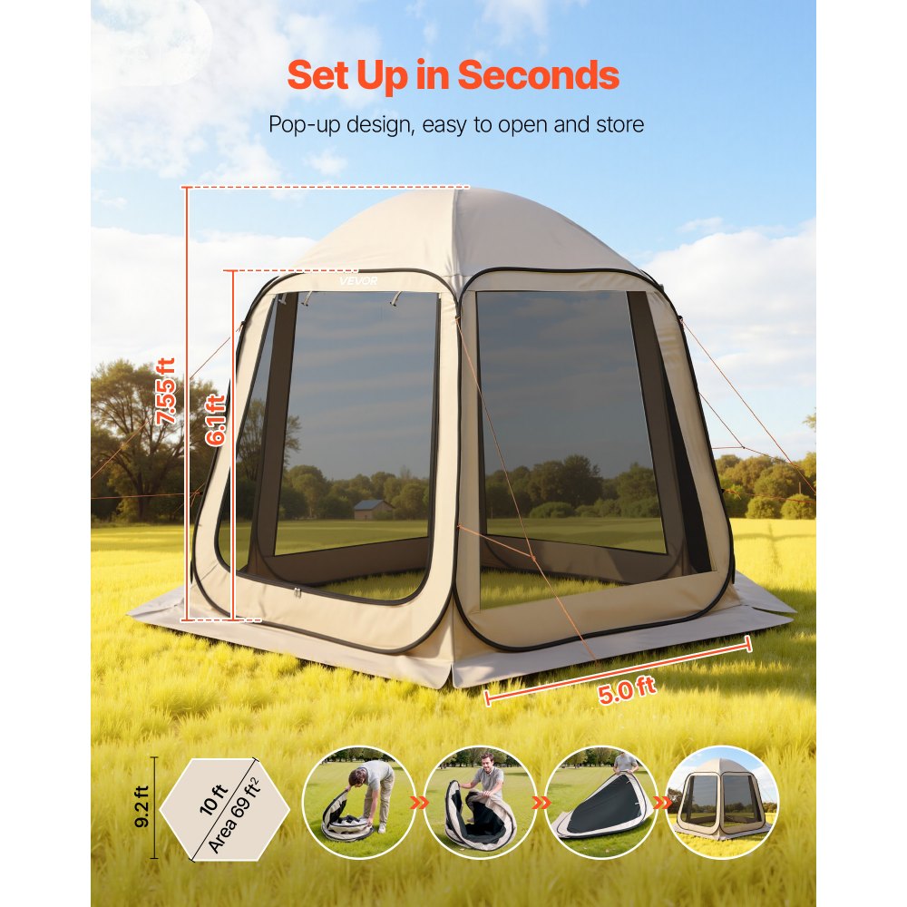 VEVOR Screen House Tent, 10 x 9.2 ft, 4-8 Person Pop Up Screen Tent, Portable Screened in Canopy with Carry Bag, Netting Sides, Ground Stakes, for Garden, Patio, Backyard, Outdoor Activities, Beige