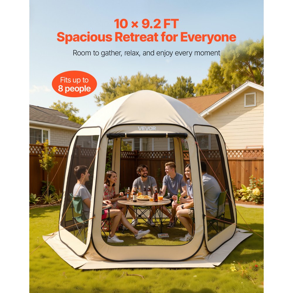 VEVOR Screen House Tent, 10 x 9.2 ft, 4-8 Person Pop Up Screen Tent, Portable Screened in Canopy with Carry Bag, Netting Sides, Ground Stakes, for Garden, Patio, Backyard, Outdoor Activities, Beige