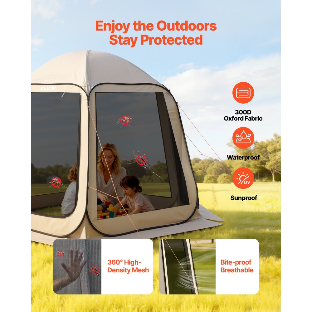 VEVOR Screen House Tent, 10 x 9.2 ft, 4-8 Person Pop Up Screen Tent, Portable Screened in Canopy with Carry Bag, Netting Sides, Ground Stakes, for Garden, Patio, Backyard, Outdoor Activities, Beige