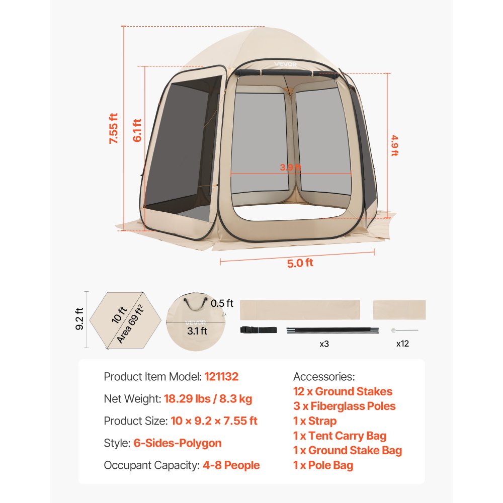 VEVOR Screen House Tent, 10 x 9.2 ft, 4-8 Person Pop Up Screen Tent, Portable Screened in Canopy with Carry Bag, Netting Sides, Ground Stakes, for Garden, Patio, Backyard, Outdoor Activities, Beige