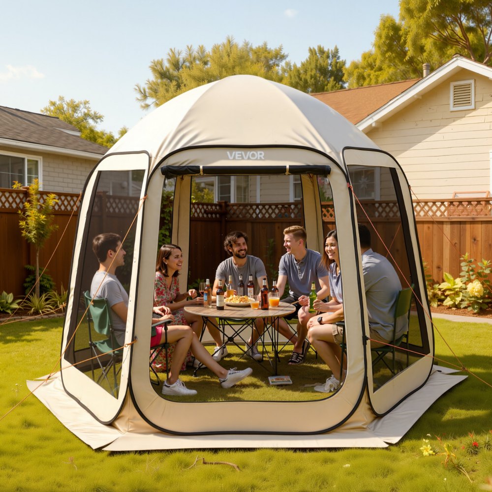 VEVOR Screen House Tent, 10 x 9.2 ft, 4-8 Person Pop Up Screen Tent, Portable Screened in Canopy with Carry Bag, Netting Sides, Ground Stakes, for Garden, Patio, Backyard, Outdoor Activities, Beige