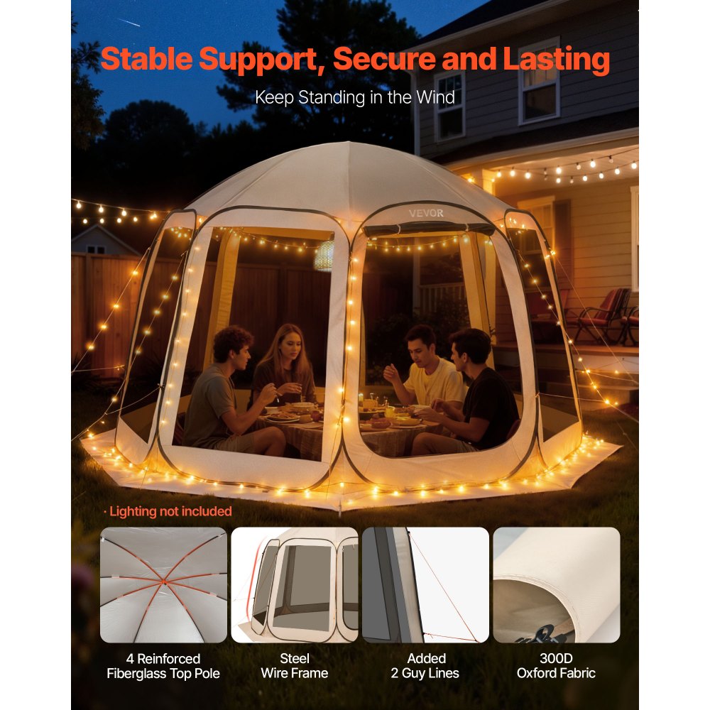 VEVOR Screen House Tent, 12 x 11 ft, 10-12 Person Pop Up Screen Tent, Portable Screened in Canopy with Carry Bag, Netting Sides, Ground Stakes, for Garden, Patio, Backyard, Outdoor Activities, Beige
