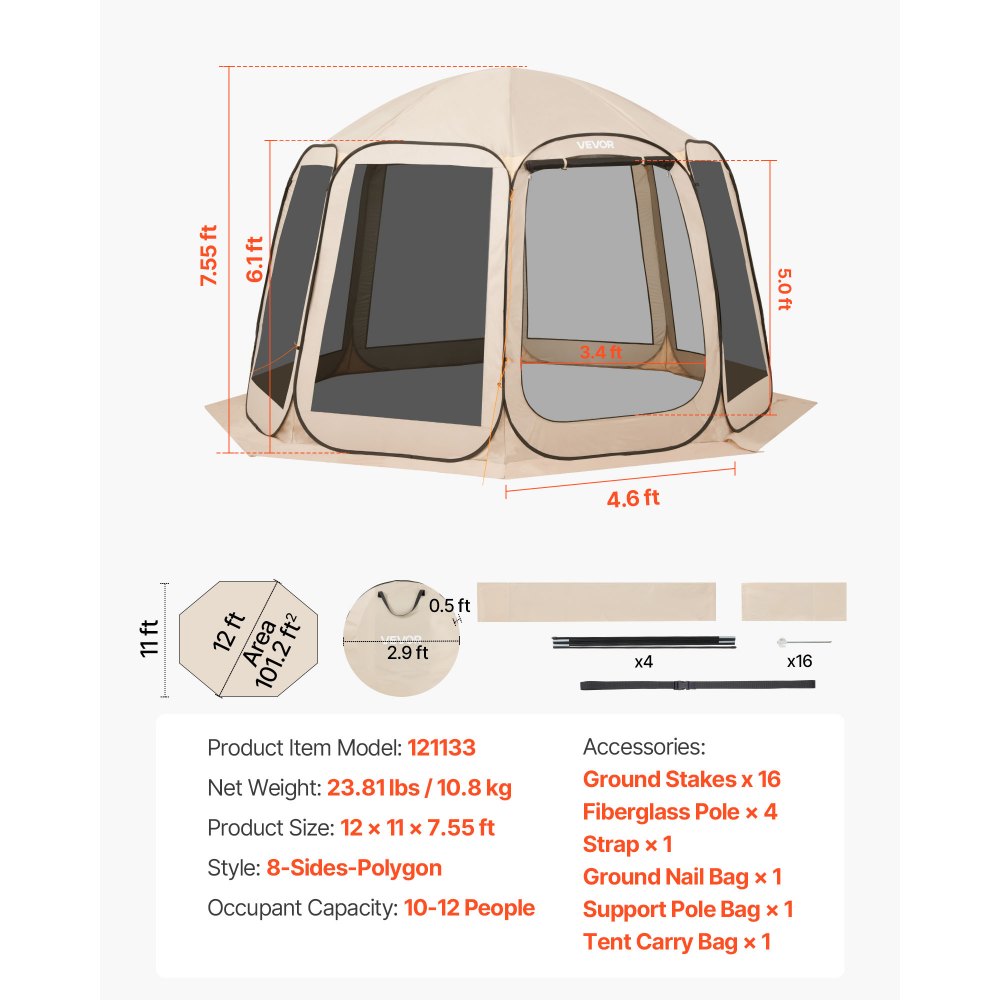 VEVOR Screen House Tent, 12 x 11 ft, 10-12 Person Pop Up Screen Tent, Portable Screened in Canopy with Carry Bag, Netting Sides, Ground Stakes, for Garden, Patio, Backyard, Outdoor Activities, Beige
