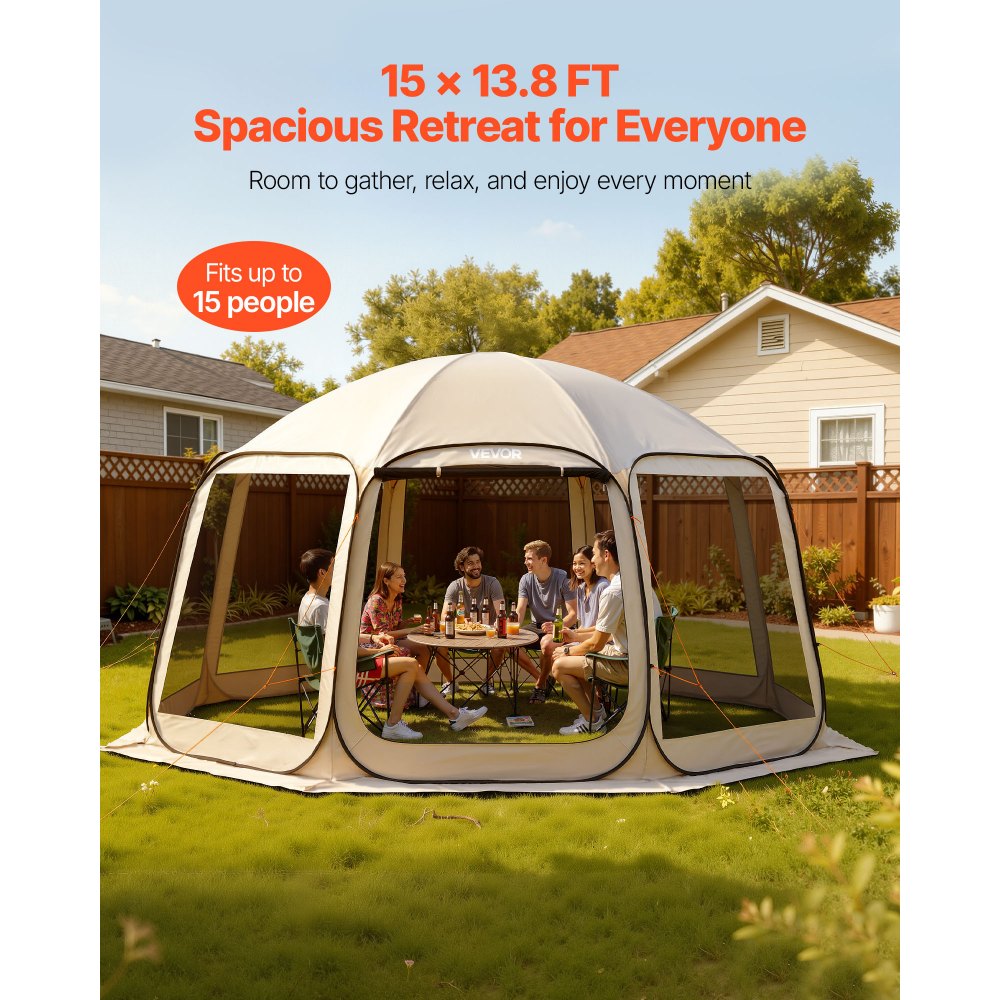 VEVOR Screen House Tent, 15 x 13.8 ft, 12-15 Person Pop Up Screen Tent, Portable Screened in Canopy with Carry Bag, Netting Sides, Ground Stakes, for Garden, Patio, Backyard, Outdoor Activities, Beige