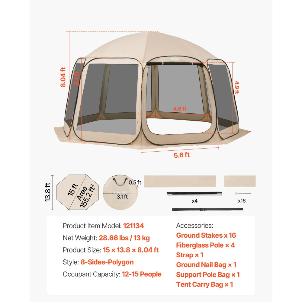 VEVOR Screen House Tent, 15 x 13.8 ft, 12-15 Person Pop Up Screen Tent, Portable Screened in Canopy with Carry Bag, Netting Sides, Ground Stakes, for Garden, Patio, Backyard, Outdoor Activities, Beige