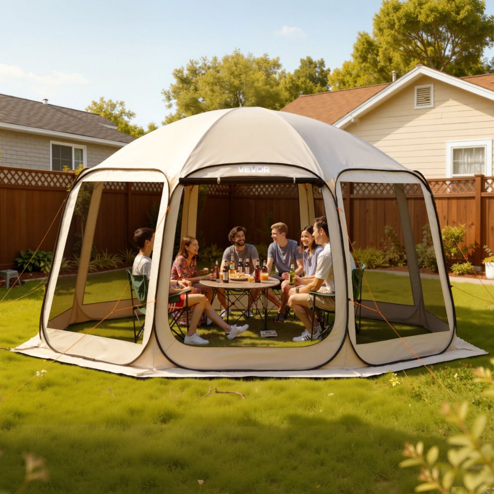 VEVOR Screen House Tent, 15 x 13.8 ft, 12-15 Person Pop Up Screen Tent, Portable Screened in Canopy with Carry Bag, Netting Sides, Ground Stakes, for Garden, Patio, Backyard, Outdoor Activities, Beige