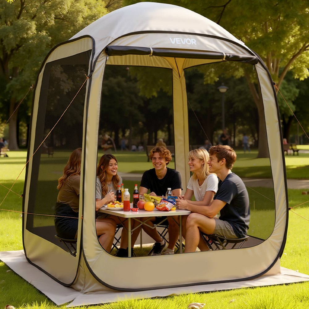VEVOR Screen House Tent, 6 x 6 ft, 4-6 Person Pop Up Screen Tent, Portable Screened in Canopy with Carry Bag, Netting Sides, Ground Stakes, for Garden, Patio, Backyard, and Outdoor Activities, Beige